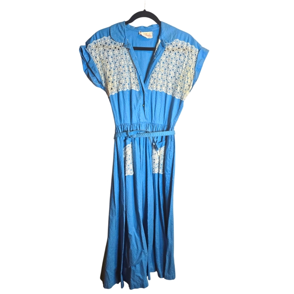 Vintage 60s Vicky Vaughn Blue Lace Rhinstoned Women's Dress Size Small